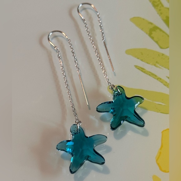 Swarovski Crystal Blue Starfish Threader Earrings Dangle Drop Ocean Indicolite - Picture 3 of 6